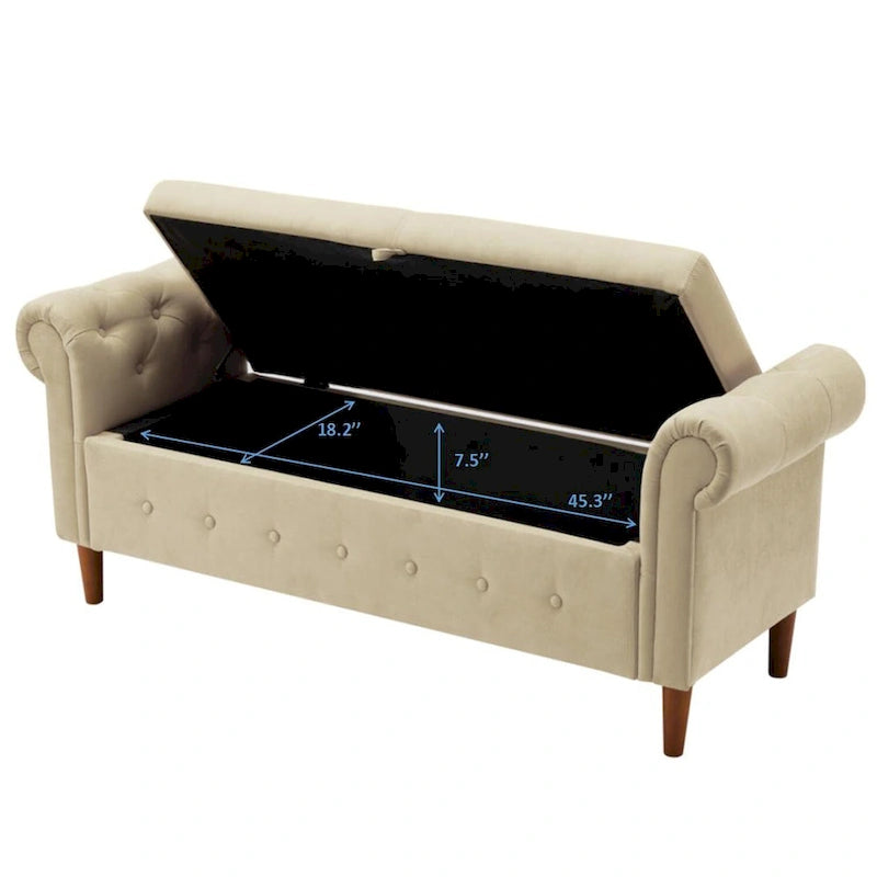 Banc de rangement pour chambre, bout de lit, accoudoirs roulés, tissu lin, canapé ottoman, long banc