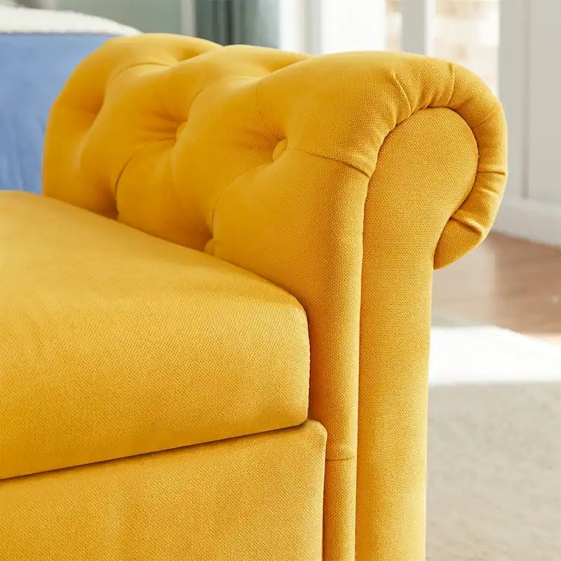 Banc de rangement pour chambre, bout de lit, accoudoirs roulés, tissu lin, canapé ottoman, long banc