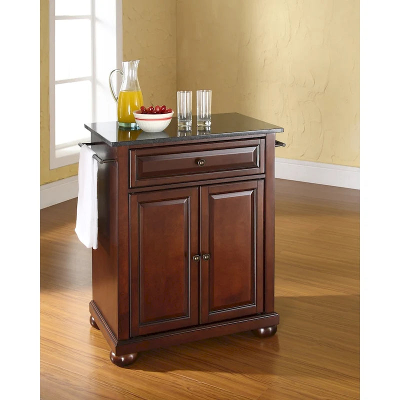Îlot de cuisine portable avec plateau en granit noir massif, finition acajou vintage – 45,7 P x 78,7 L x 85,1 H cm