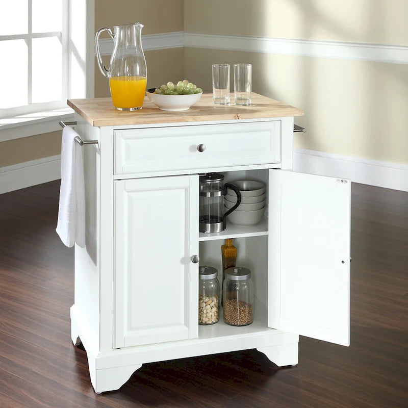 Îlot de cuisine portable avec plateau en bois naturel, finition blanche - 18p x 31l x 35h