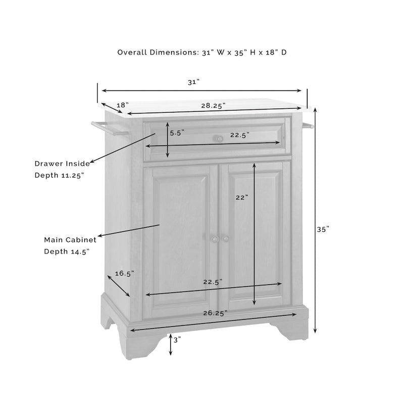 Îlot de cuisine portable avec plateau en bois naturel, finition blanche - 18p x 31l x 35h