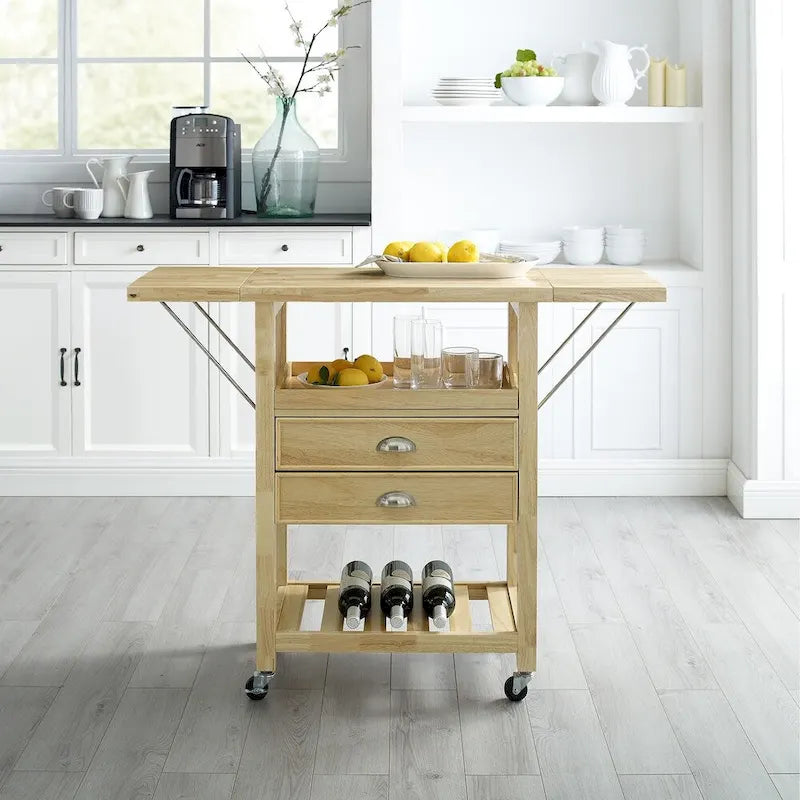Chariot de cuisine rabattable à deux rallonges, naturel - 15,13p x 45l x 35,25h