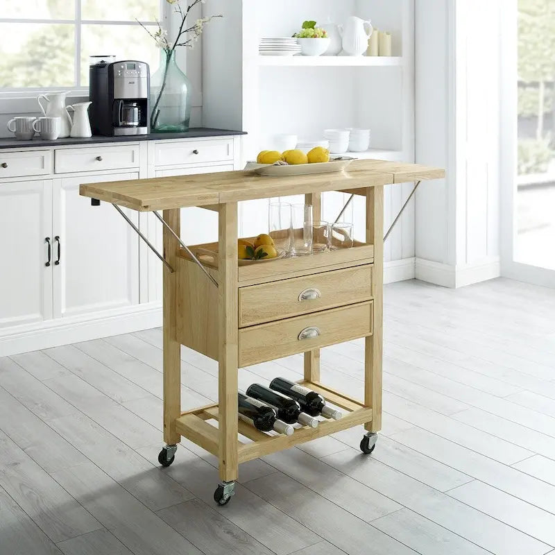 Chariot de cuisine rabattable à deux rallonges, naturel - 15,13p x 45l x 35,25h