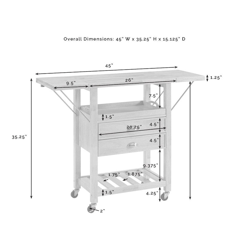 Chariot de cuisine rabattable à deux rallonges, naturel - 15,13p x 45l x 35,25h