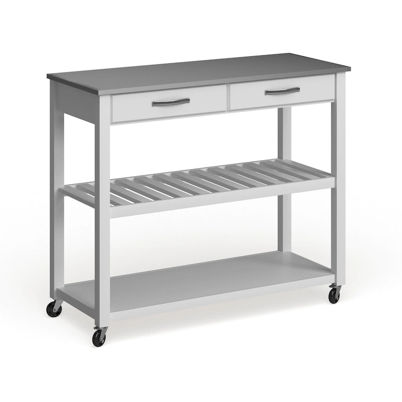 Îlot de cuisine en bois blanc/acier inoxydable – 17p x 43l x 35h