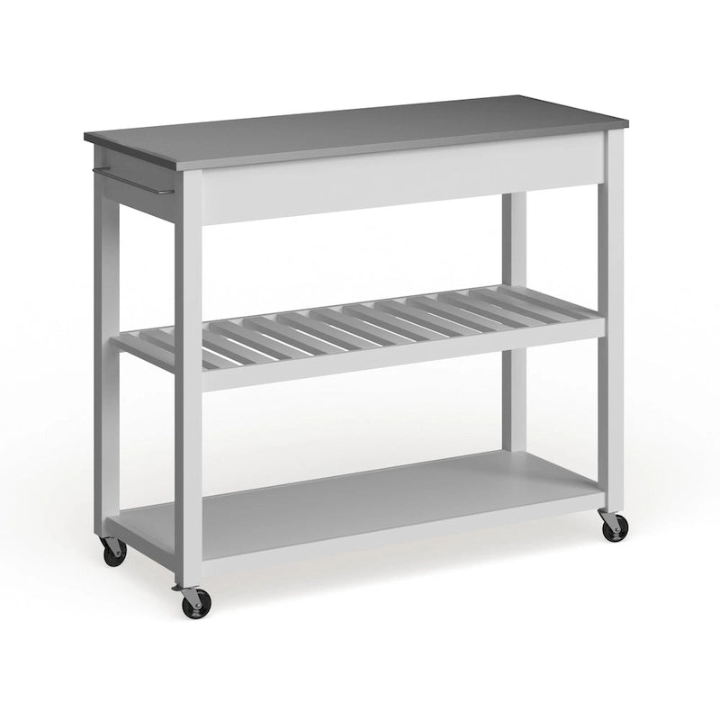 Îlot de cuisine en bois blanc/acier inoxydable – 17p x 43l x 35h