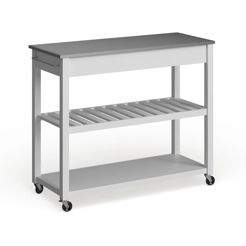 Îlot de cuisine en bois blanc/acier inoxydable – 17p x 43l x 35h