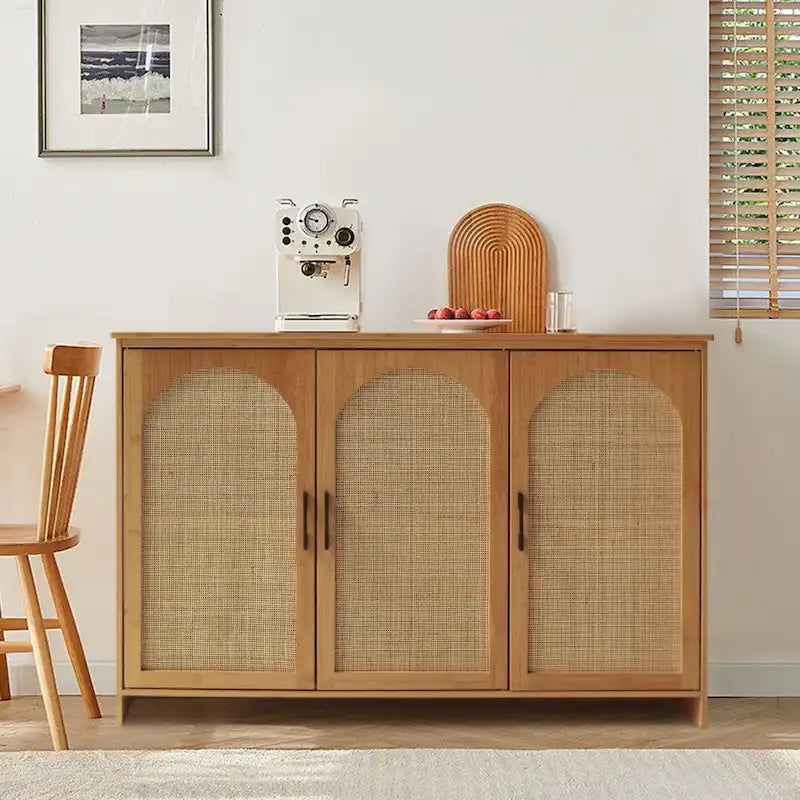 Buffet bahut de cuisine à 3 portes en rotin naturel et bambou