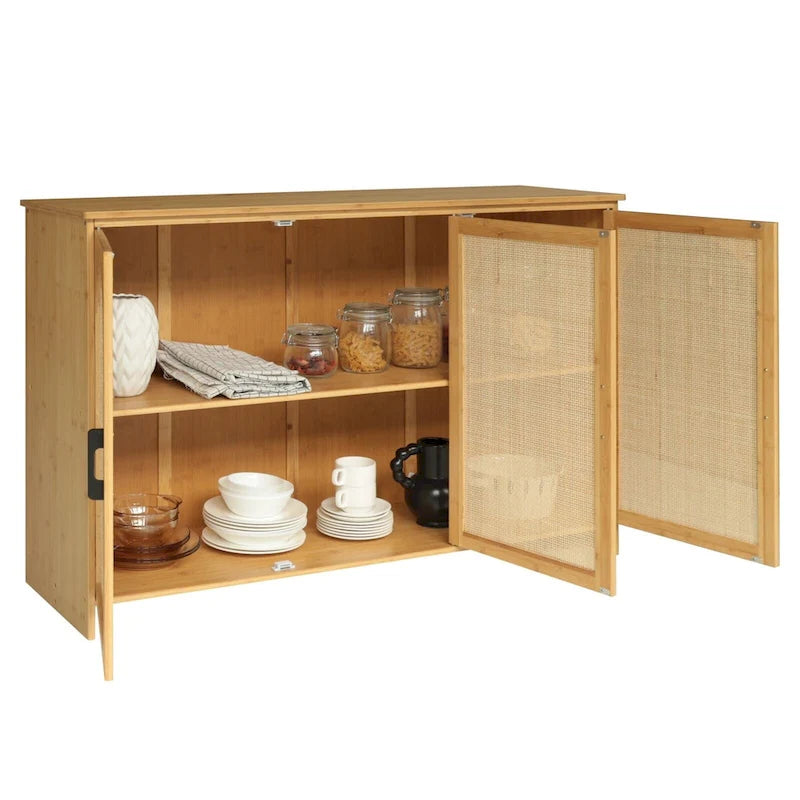 Buffet bahut de cuisine à 3 portes en rotin naturel et bambou