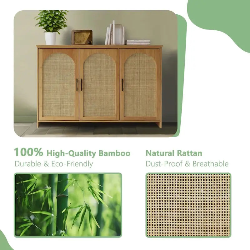 Buffet bahut de cuisine à 3 portes en rotin naturel et bambou
