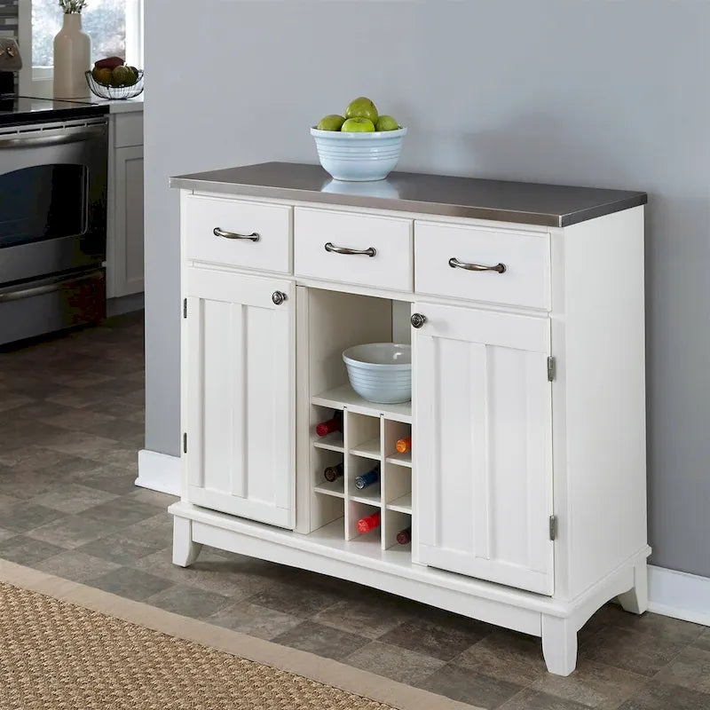 Meuble de Rangement/Dessert de Cuisine avec Plateau en Acier Inoxydable, Casier à Vin Intégré, Blanc - 41.75W x 17D x 36.25H