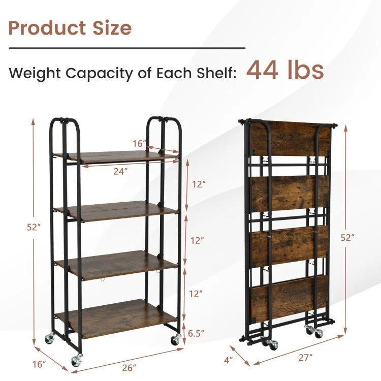 Chariot roulant pliable avec étagères de rangement pour la cuisine – 4 niveaux – 26 x 16 x 52 (L x l x H)