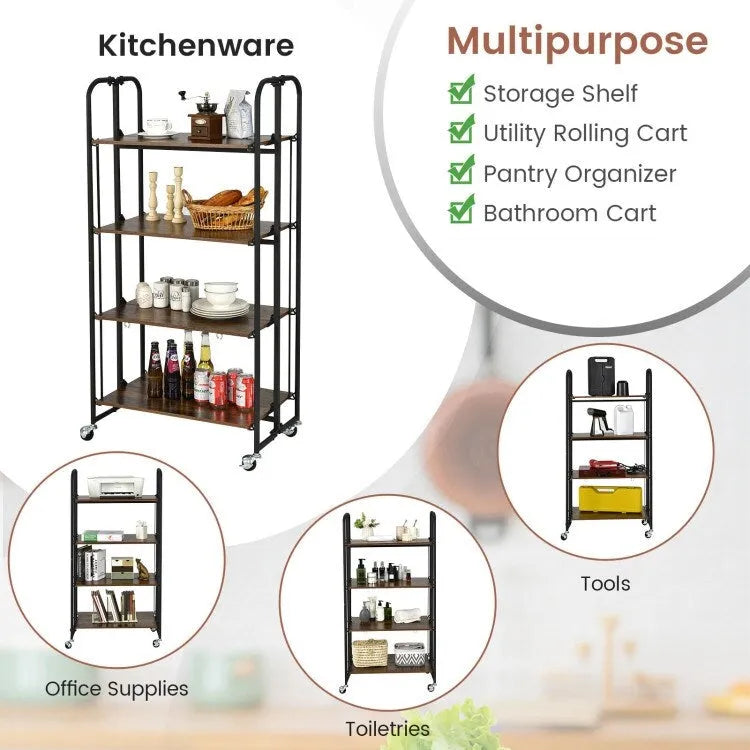 Chariot roulant pliable avec étagères de rangement pour la cuisine – 4 niveaux – 26 x 16 x 52 (L x l x H)