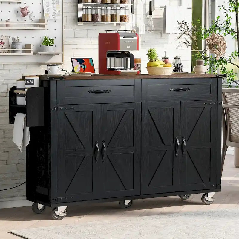 53,5 Chariot îlot de cuisine de style campagnard avec prise de courant, abattant, porte-épices et 2 tiroirs, 5 roulettes