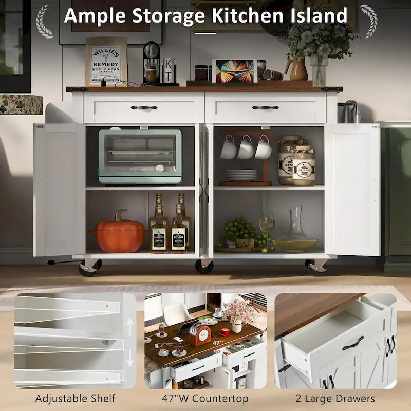 53,5 Chariot îlot de cuisine de style campagnard avec prise de courant, abattant, porte-épices et 2 tiroirs, 5 roulettes