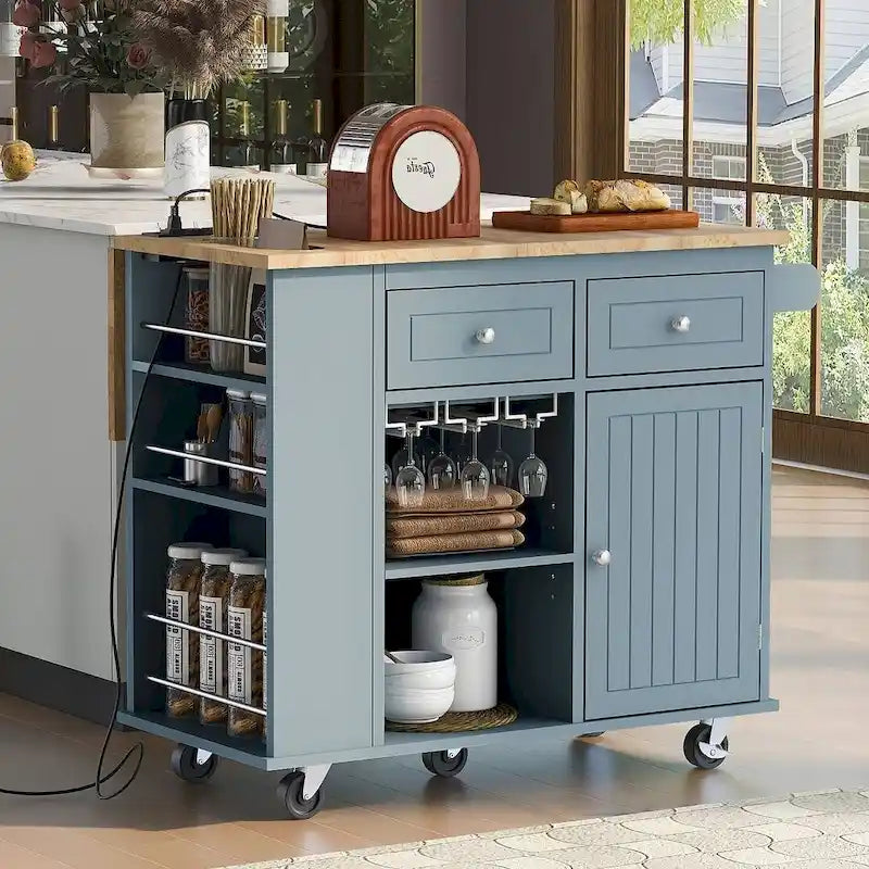 47 Chariot de cuisine moderne avec prise électrique, îlot de cuisine en bois d'hévéa avec abattant et meuble de rangement réglable