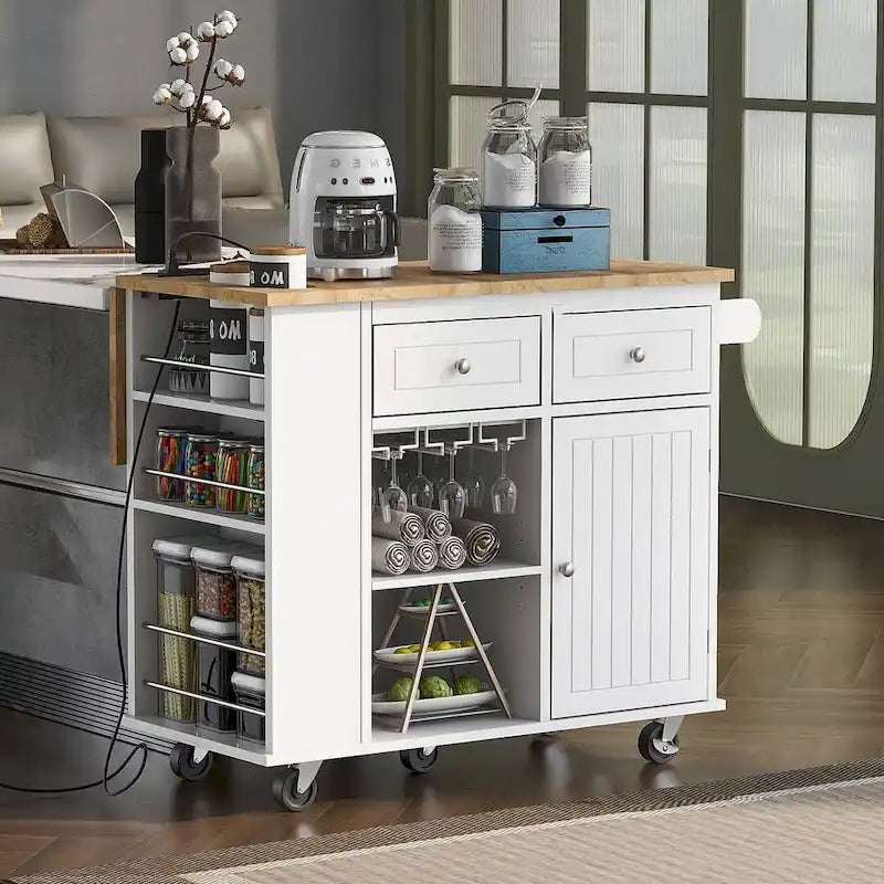 47 Chariot de cuisine moderne avec prise électrique, îlot de cuisine en bois d'hévéa avec abattant et meuble de rangement réglable