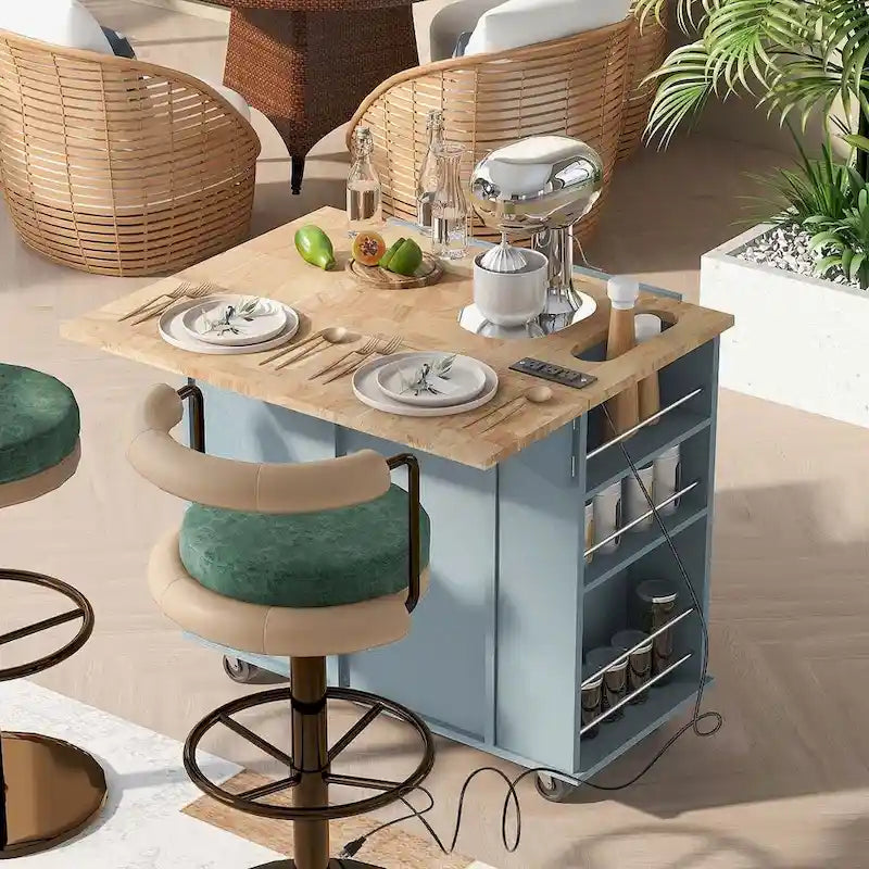 47 Chariot de cuisine moderne avec prise électrique, îlot de cuisine en bois d'hévéa avec abattant et meuble de rangement réglable