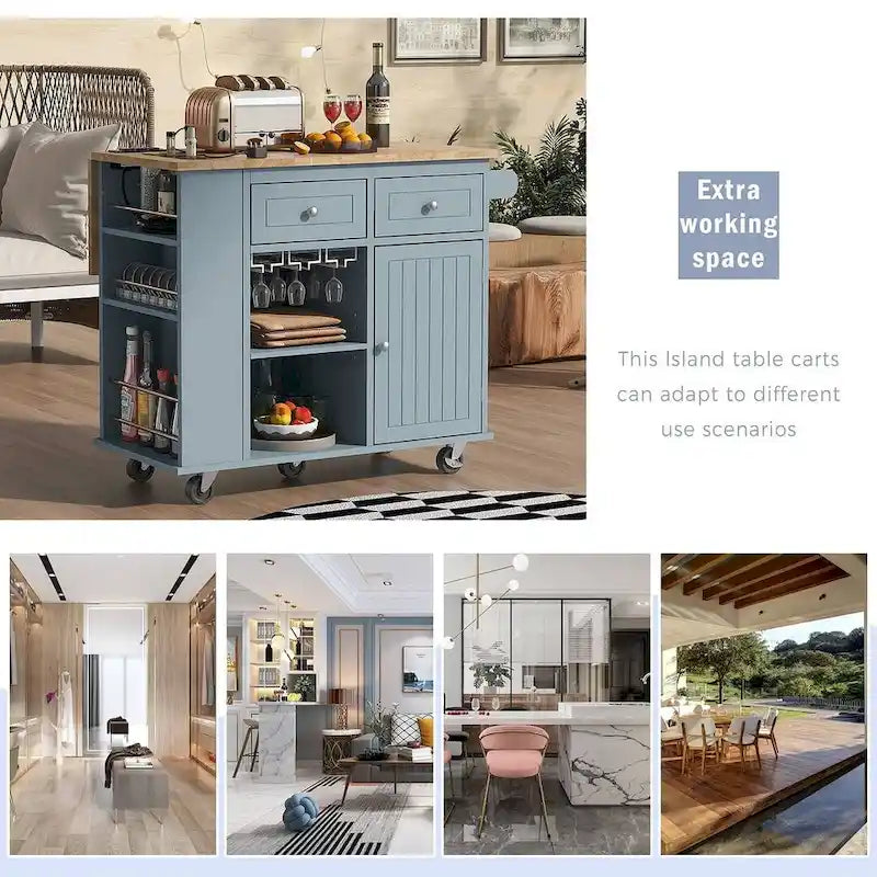 47 Chariot de cuisine moderne avec prise électrique, îlot de cuisine en bois d'hévéa avec abattant et meuble de rangement réglable