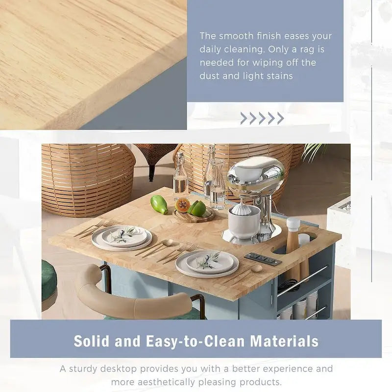 47 Chariot de cuisine moderne avec prise électrique, îlot de cuisine en bois d'hévéa avec abattant et meuble de rangement réglable