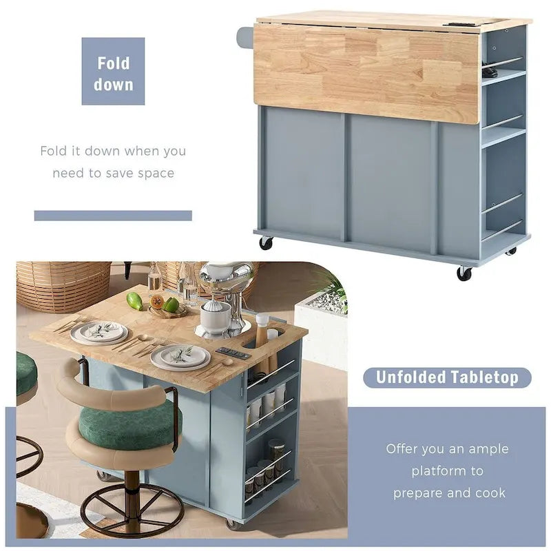 47 Chariot de cuisine moderne avec prise électrique, îlot de cuisine en bois d'hévéa avec abattant et meuble de rangement réglable