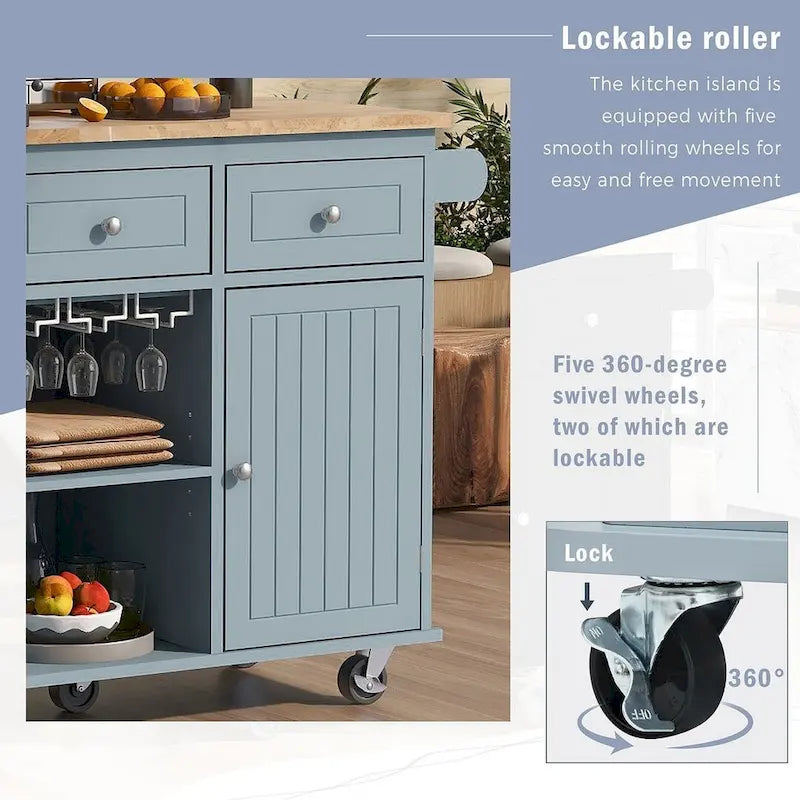 47 Chariot de cuisine moderne avec prise électrique, îlot de cuisine en bois d'hévéa avec abattant et meuble de rangement réglable