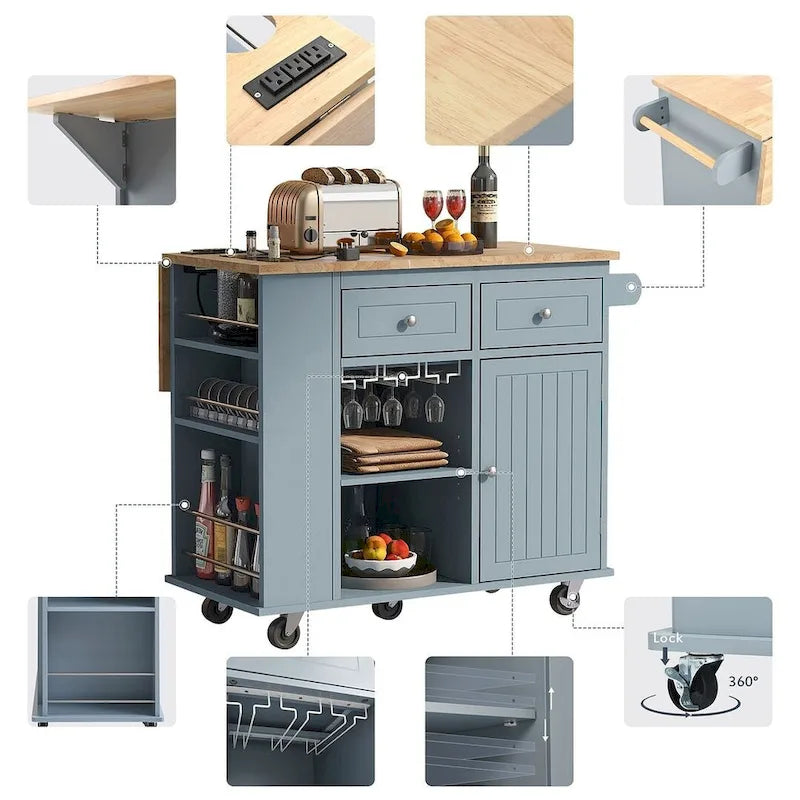 47 Chariot de cuisine moderne avec prise électrique, îlot de cuisine en bois d'hévéa avec abattant et meuble de rangement réglable