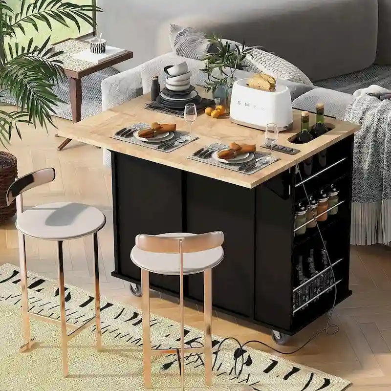47 Chariot de cuisine moderne avec prise électrique, îlot de cuisine en bois d'hévéa avec abattant et meuble de rangement réglable