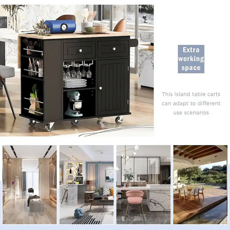 47 Chariot de cuisine moderne avec prise électrique, îlot de cuisine en bois d'hévéa avec abattant et meuble de rangement réglable