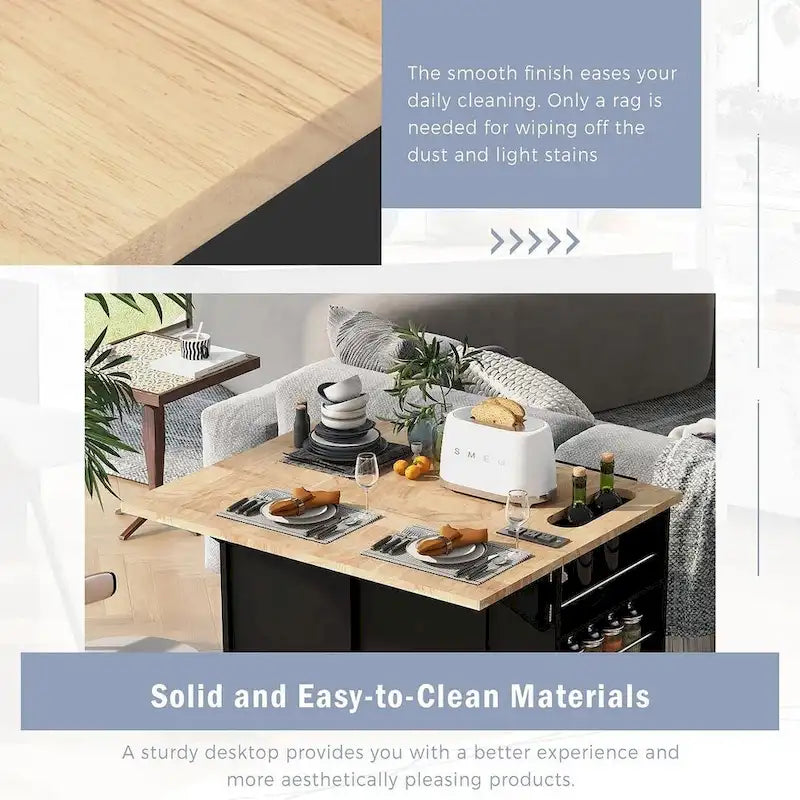 47 Chariot de cuisine moderne avec prise électrique, îlot de cuisine en bois d'hévéa avec abattant et meuble de rangement réglable