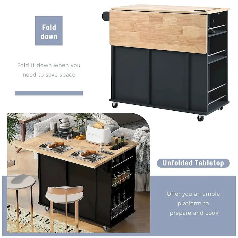 47 Chariot de cuisine moderne avec prise électrique, îlot de cuisine en bois d'hévéa avec abattant et meuble de rangement réglable