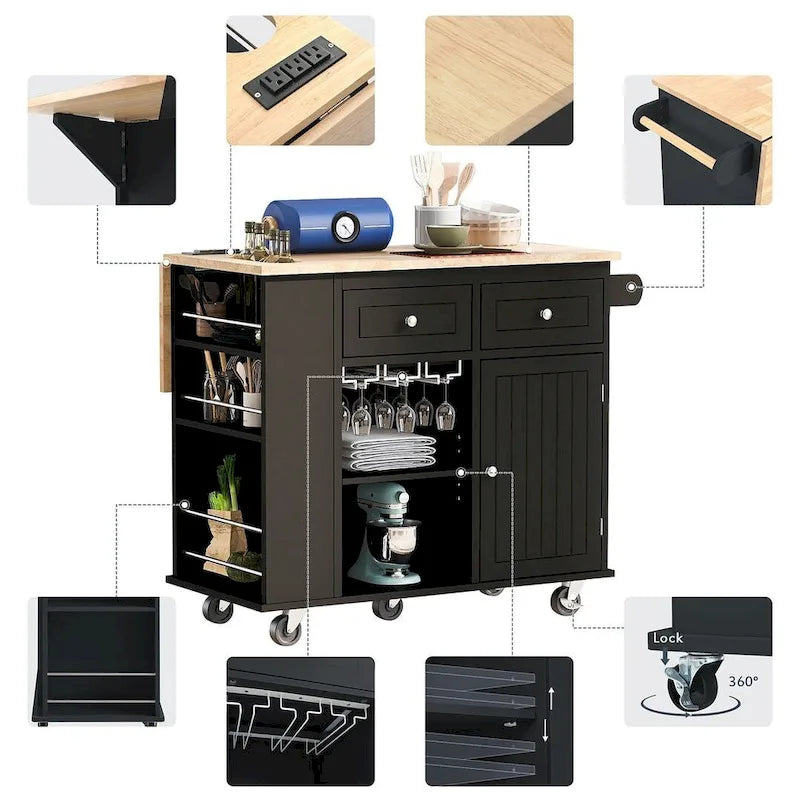 47 Chariot de cuisine moderne avec prise électrique, îlot de cuisine en bois d'hévéa avec abattant et meuble de rangement réglable