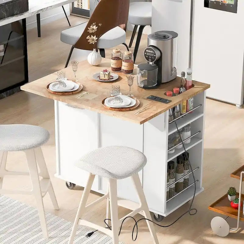 47 Chariot de cuisine moderne avec prise électrique, îlot de cuisine en bois d'hévéa avec abattant et meuble de rangement réglable