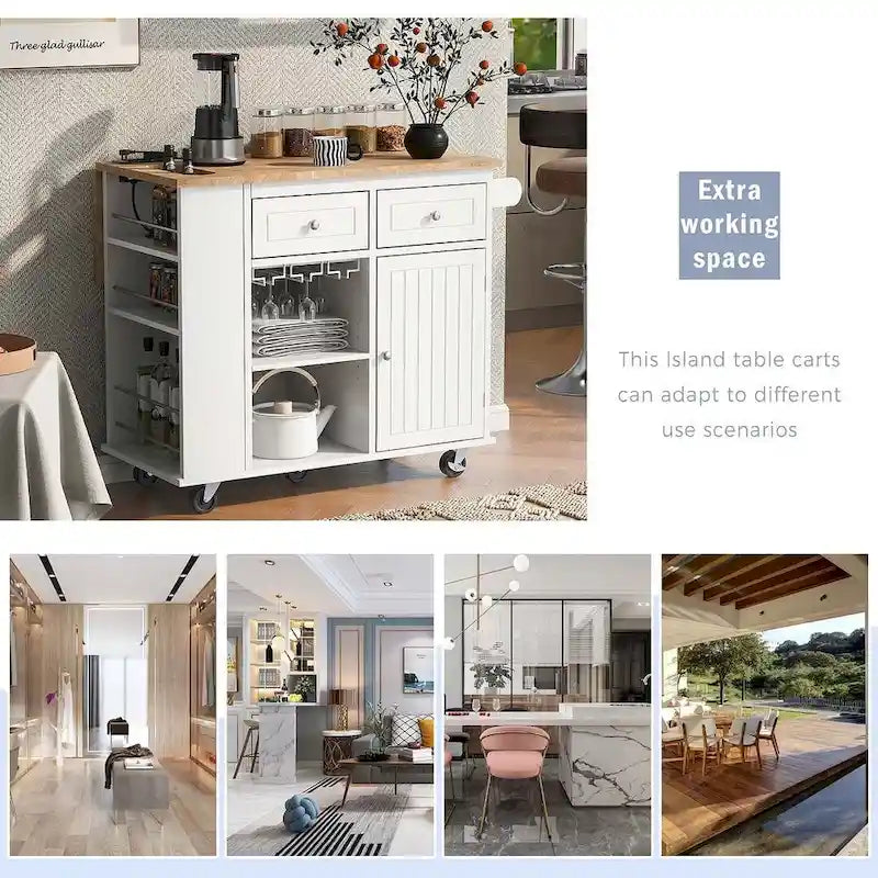 47 Chariot de cuisine moderne avec prise électrique, îlot de cuisine en bois d'hévéa avec abattant et meuble de rangement réglable