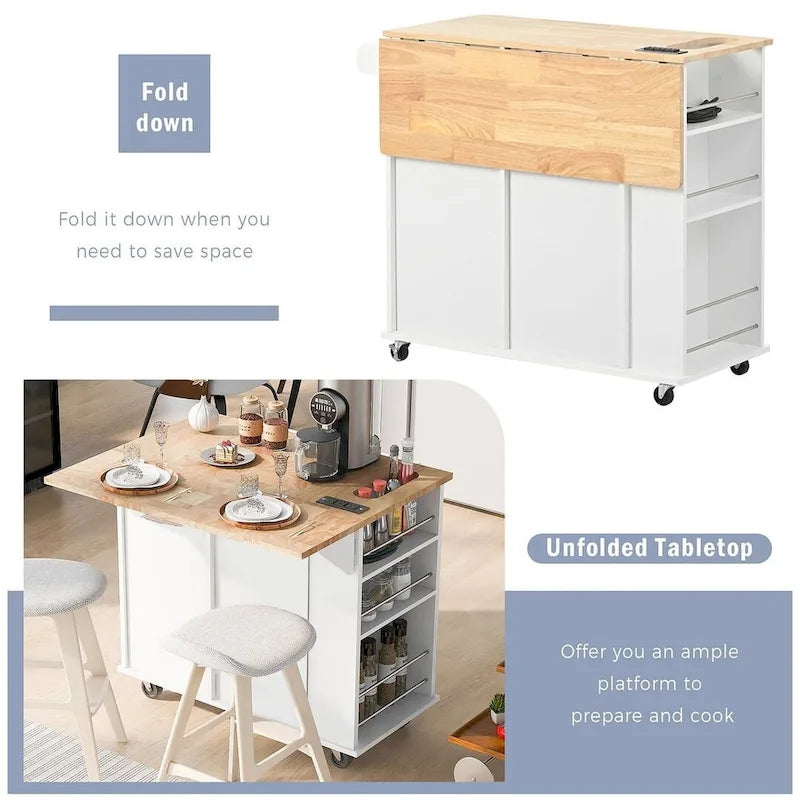 47 Chariot de cuisine moderne avec prise électrique, îlot de cuisine en bois d'hévéa avec abattant et meuble de rangement réglable