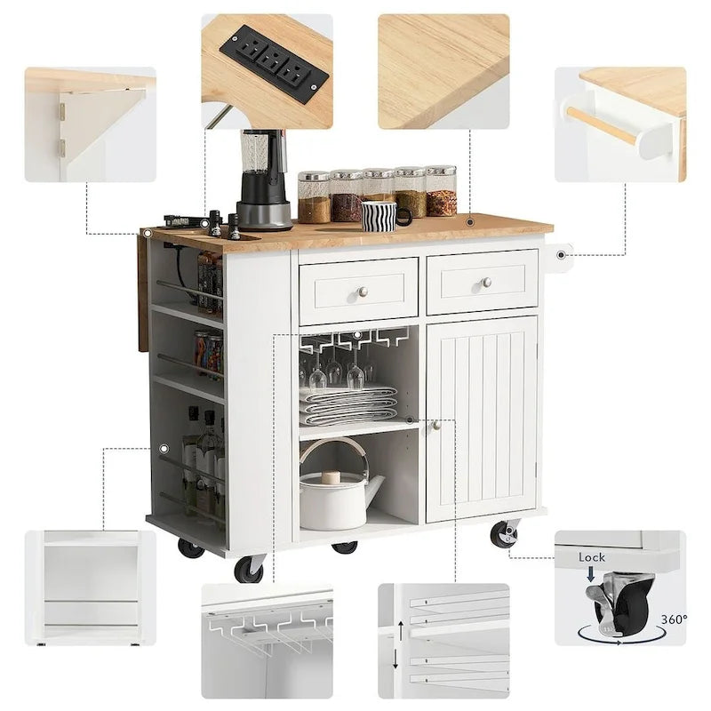 47 Chariot de cuisine moderne avec prise électrique, îlot de cuisine en bois d'hévéa avec abattant et meuble de rangement réglable