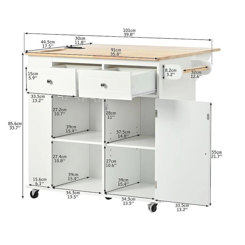 47 Chariot de cuisine moderne avec prise électrique, îlot de cuisine en bois d'hévéa avec abattant et meuble de rangement réglable