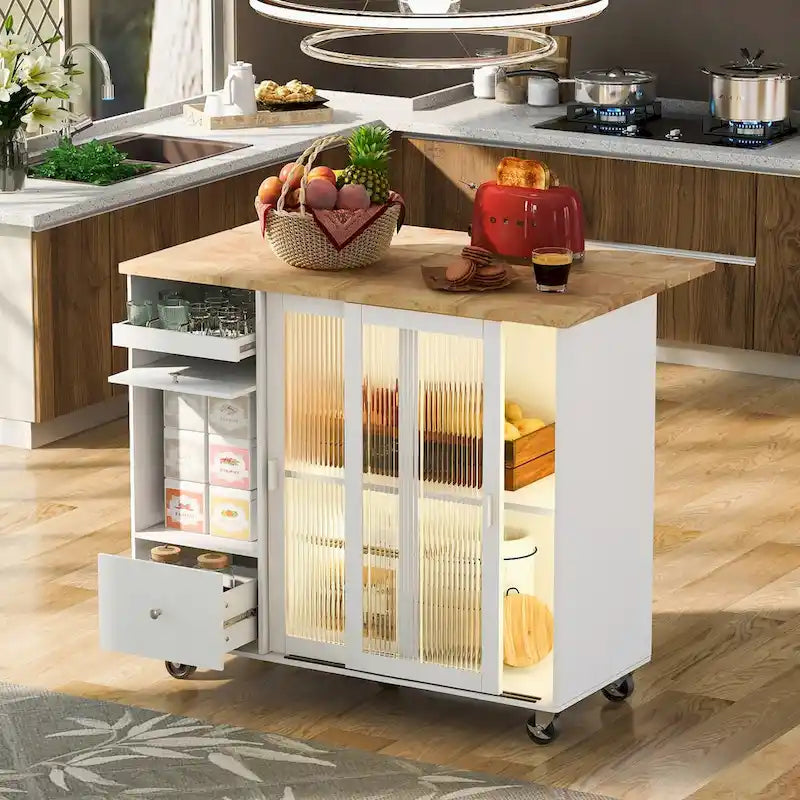 Kitchen Island with Drop Leaf and LED Light