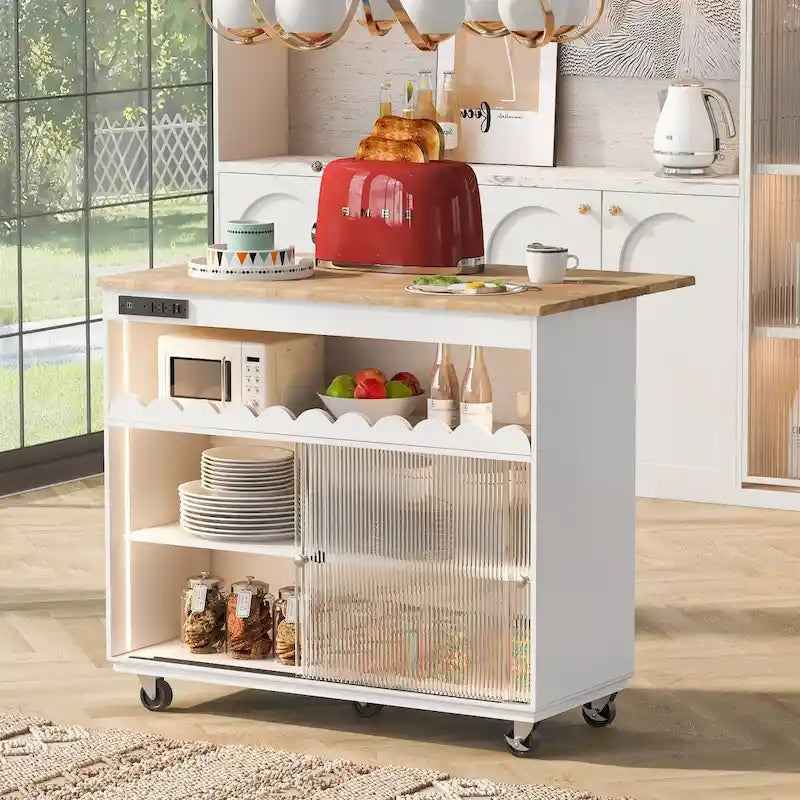 Îlot de cuisine de 112 cm de large avec dessus en caoutchouc à abattant, sur 5 roulettes, avec étagère ouverte et casier à vin