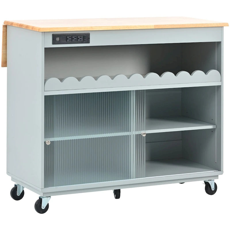 Îlot de cuisine de 112 cm de large avec dessus en caoutchouc à abattant, sur 5 roulettes, avec étagère ouverte et casier à vin