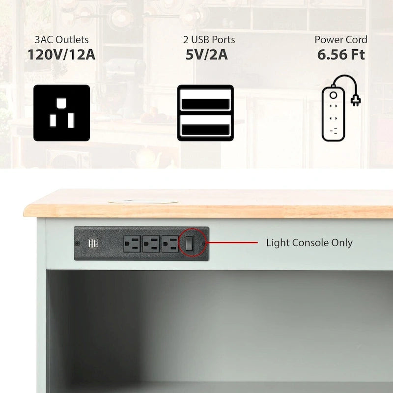 Îlot de cuisine de 112 cm de large avec dessus en caoutchouc à abattant, sur 5 roulettes, avec étagère ouverte et casier à vin
