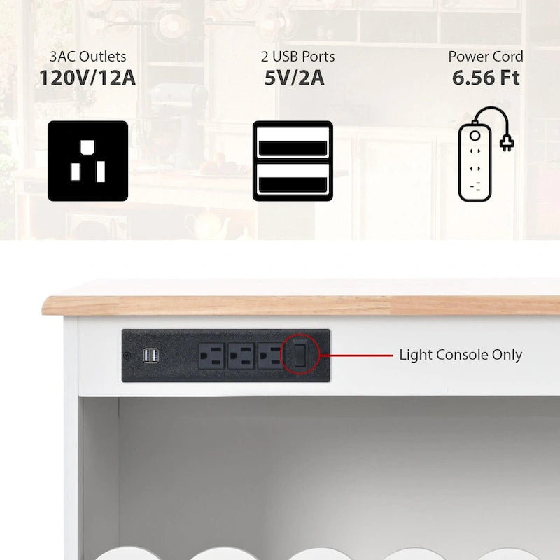 Îlot de cuisine de 112 cm de large avec dessus en caoutchouc à abattant, sur 5 roulettes, avec étagère ouverte et casier à vin