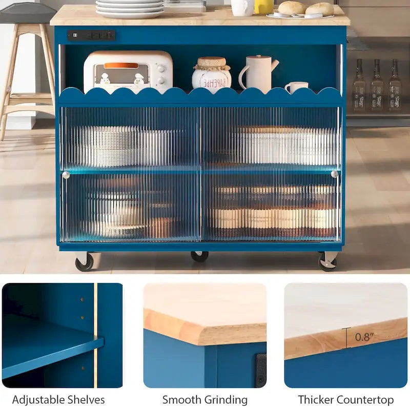 Îlot de cuisine de 112 cm de large avec dessus en caoutchouc à abattant, sur 5 roulettes, avec étagère ouverte et casier à vin