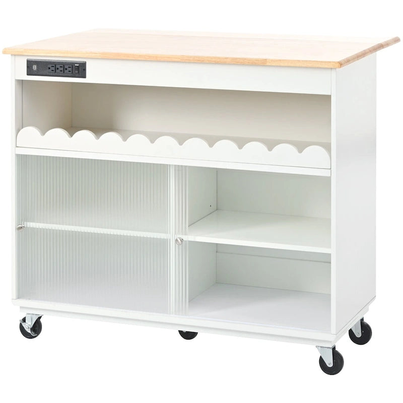 Îlot de cuisine de 112 cm de large avec dessus en caoutchouc à abattant, sur 5 roulettes, avec étagère ouverte et casier à vin