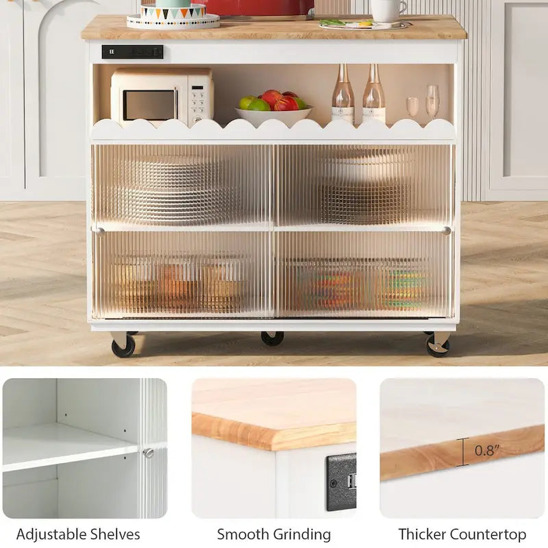 Îlot de cuisine de 112 cm de large avec dessus en caoutchouc à abattant, sur 5 roulettes, avec étagère ouverte et casier à vin