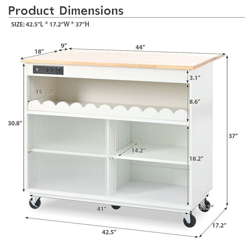 Îlot de cuisine de 112 cm de large avec dessus en caoutchouc à abattant, sur 5 roulettes, avec étagère ouverte et casier à vin