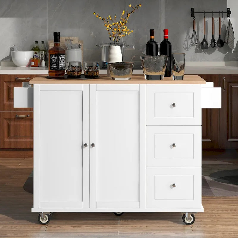 Îlot de cuisine mobile roulant avec plateau en bois massif et roulettes blocables