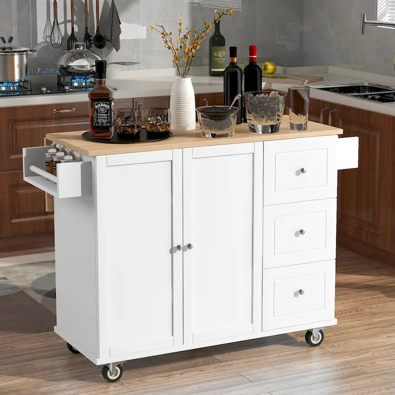 Îlot de cuisine mobile roulant avec plateau en bois massif et roulettes blocables