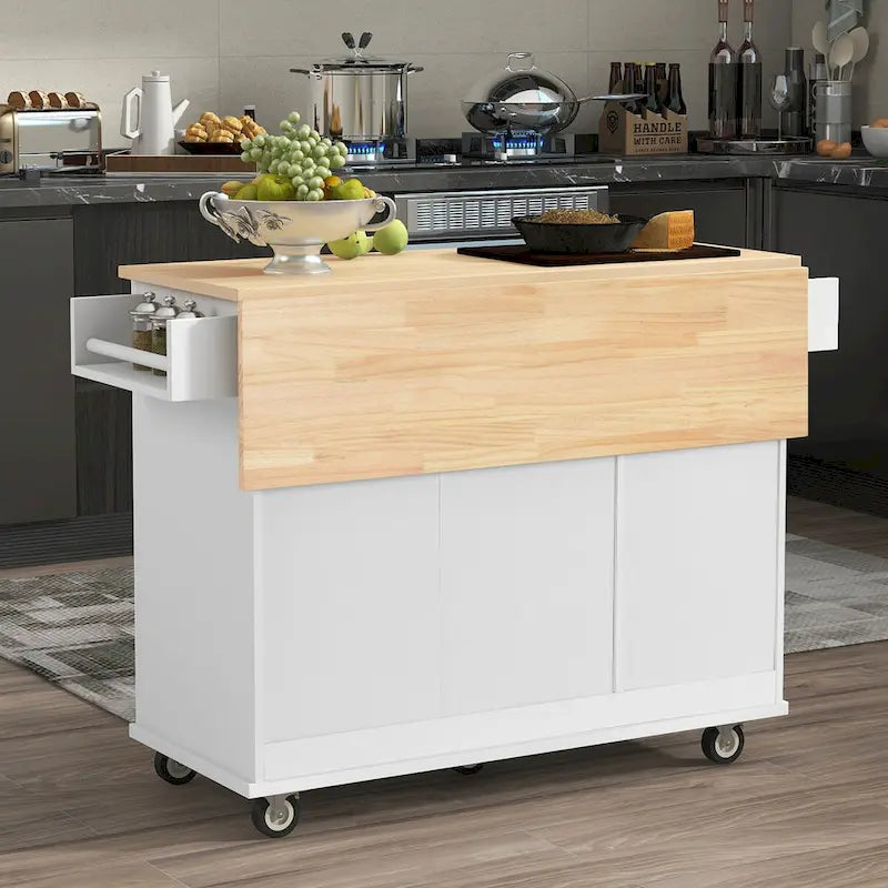 Îlot de cuisine mobile roulant avec plateau en bois massif et roulettes blocables