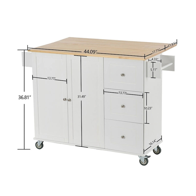 Îlot de cuisine mobile roulant avec plateau en bois massif et roulettes blocables